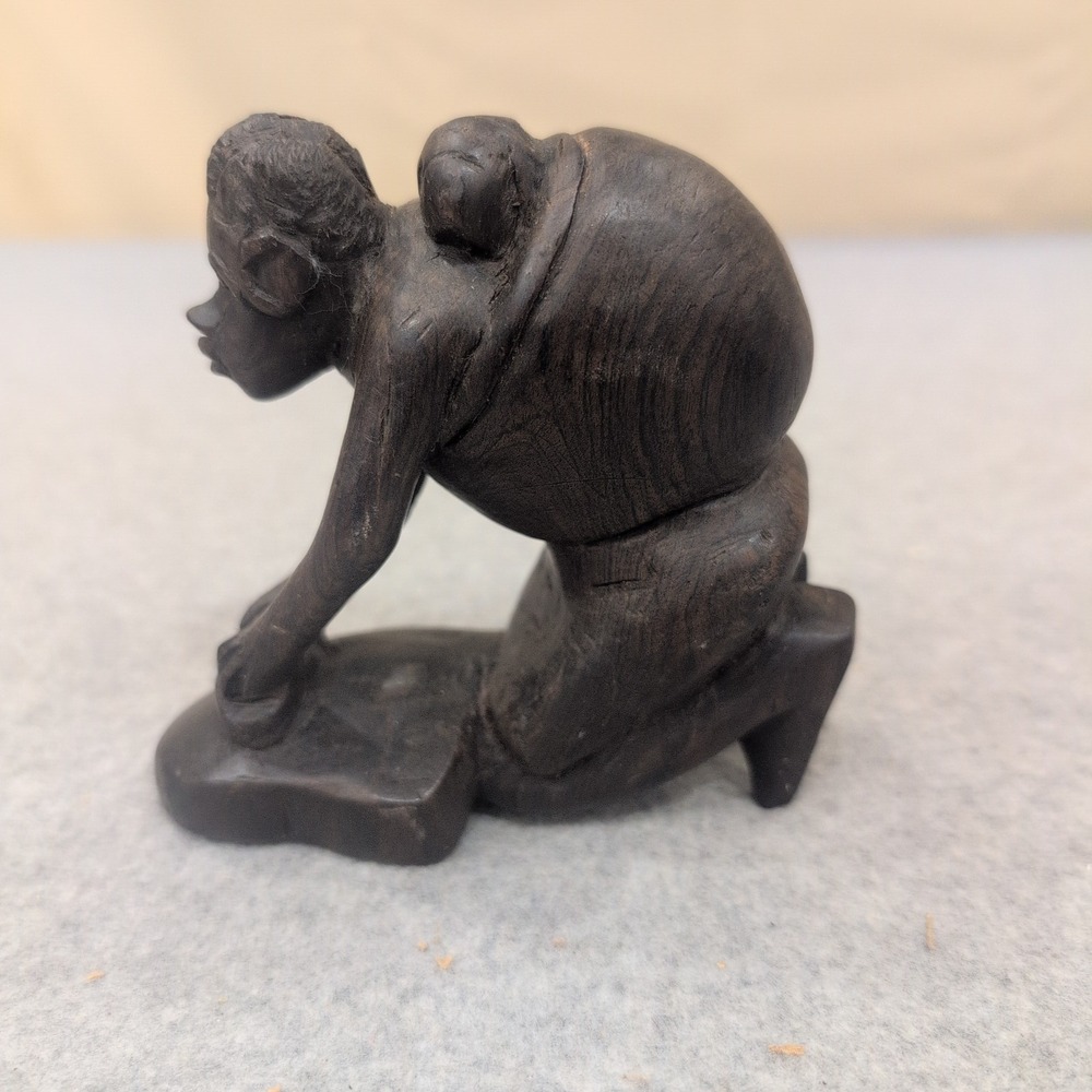 Vintage Hand Carved‎ Dark Wood African Figure Kneeling Woman Grinding with Baby